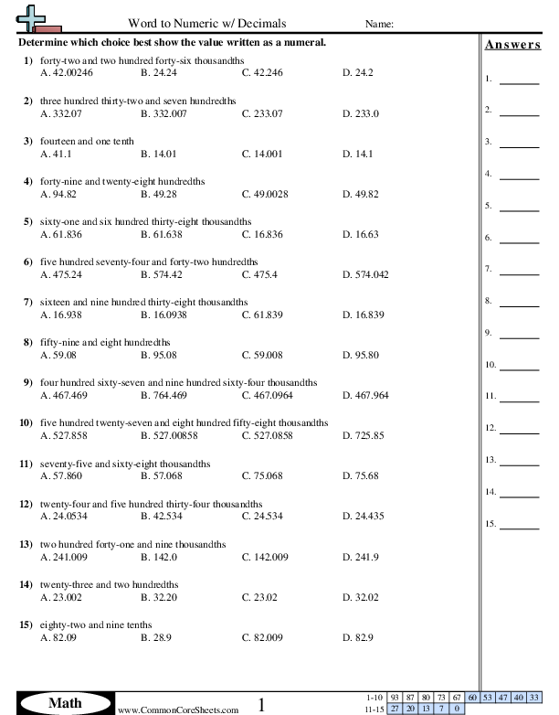 Converting Forms Worksheets - Word to Numeric w/ Decimals  worksheet